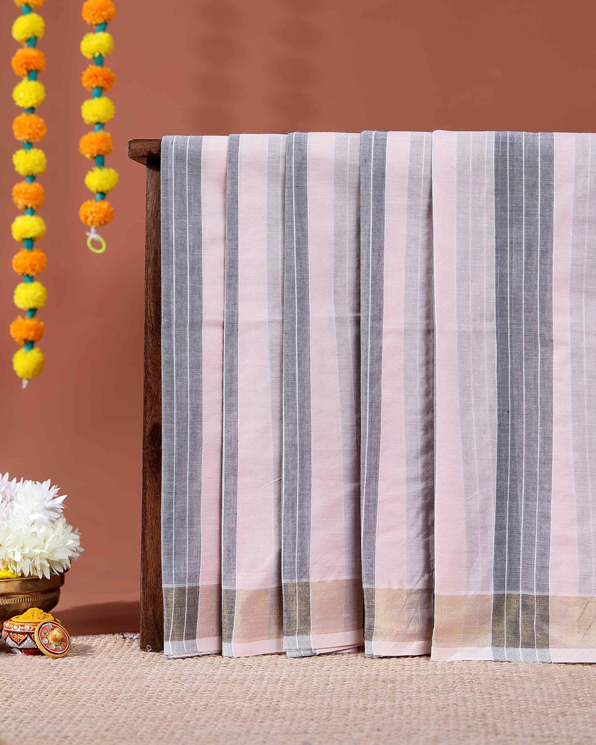 Traditional Kovai Cotton Saree with Striped Body and Woven Border - Light Pink