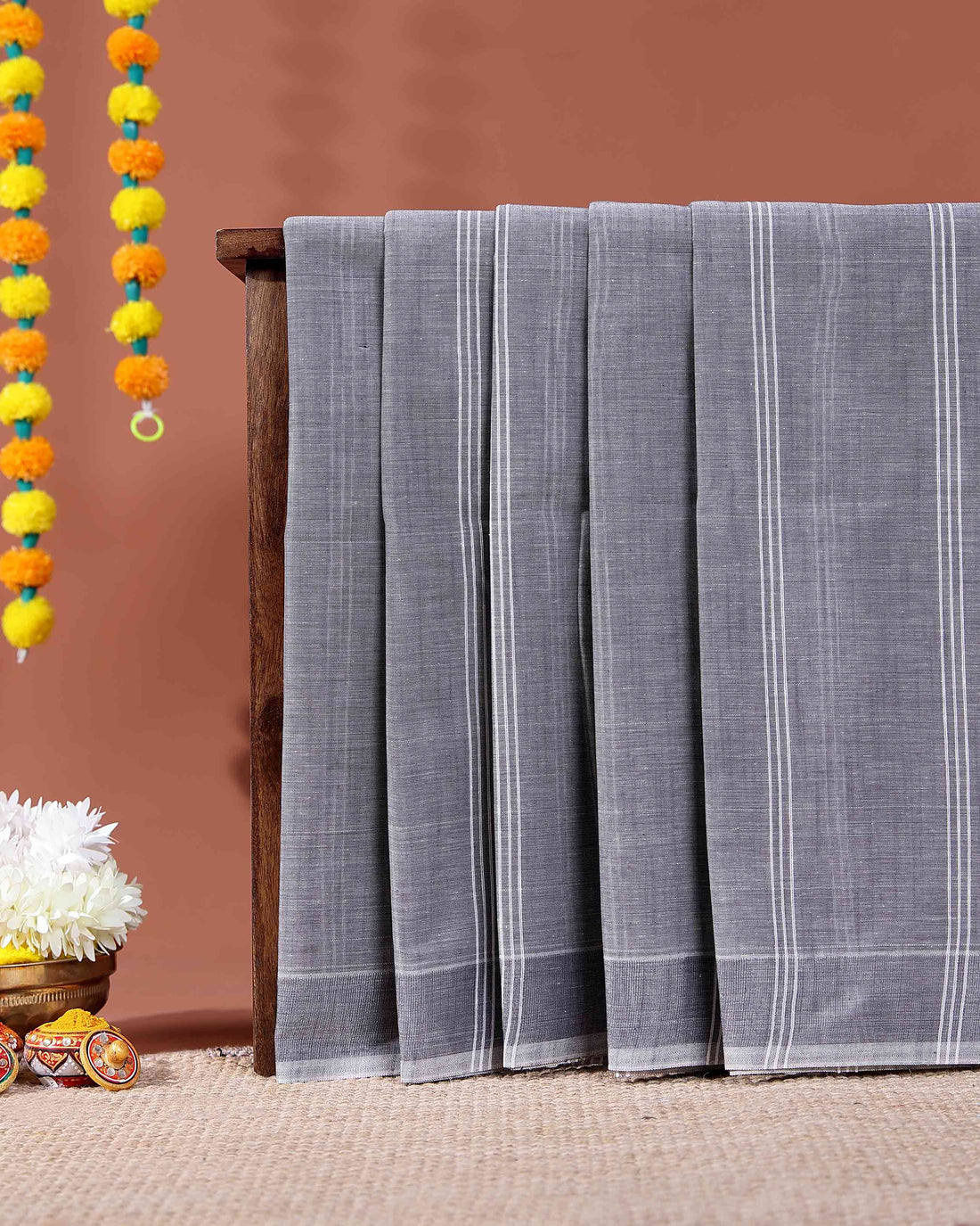 Traditional Kovai Cotton Saree with Subtle Woven Stripes - Dark Grey