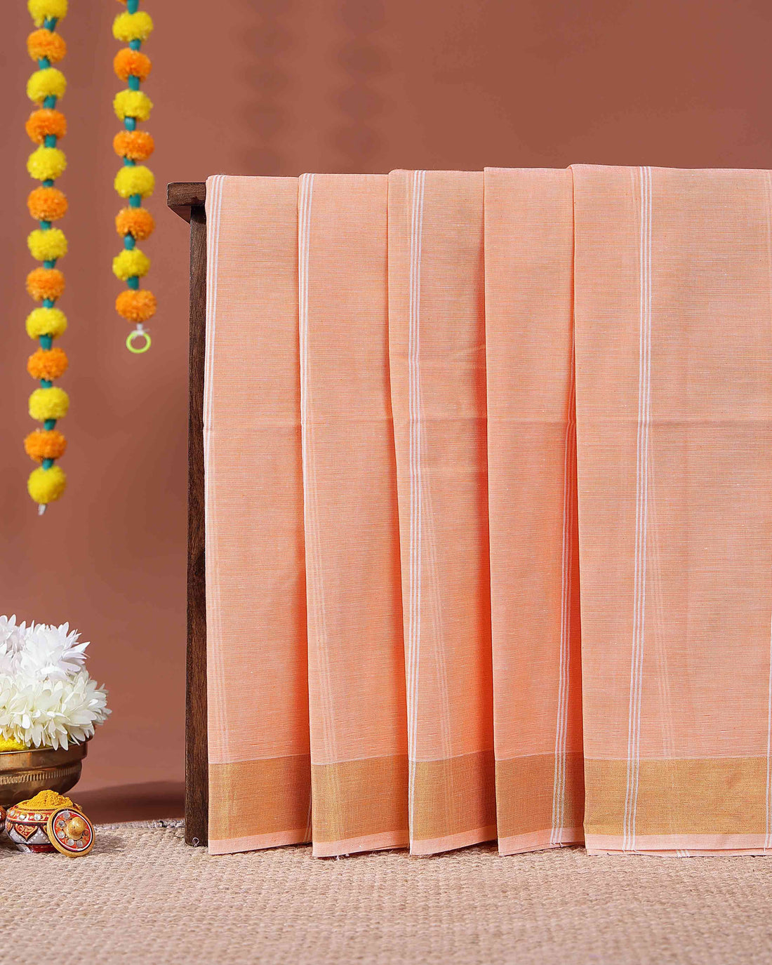 Traditional Kovai Cotton Saree with Subtle Woven Stripes - Peach