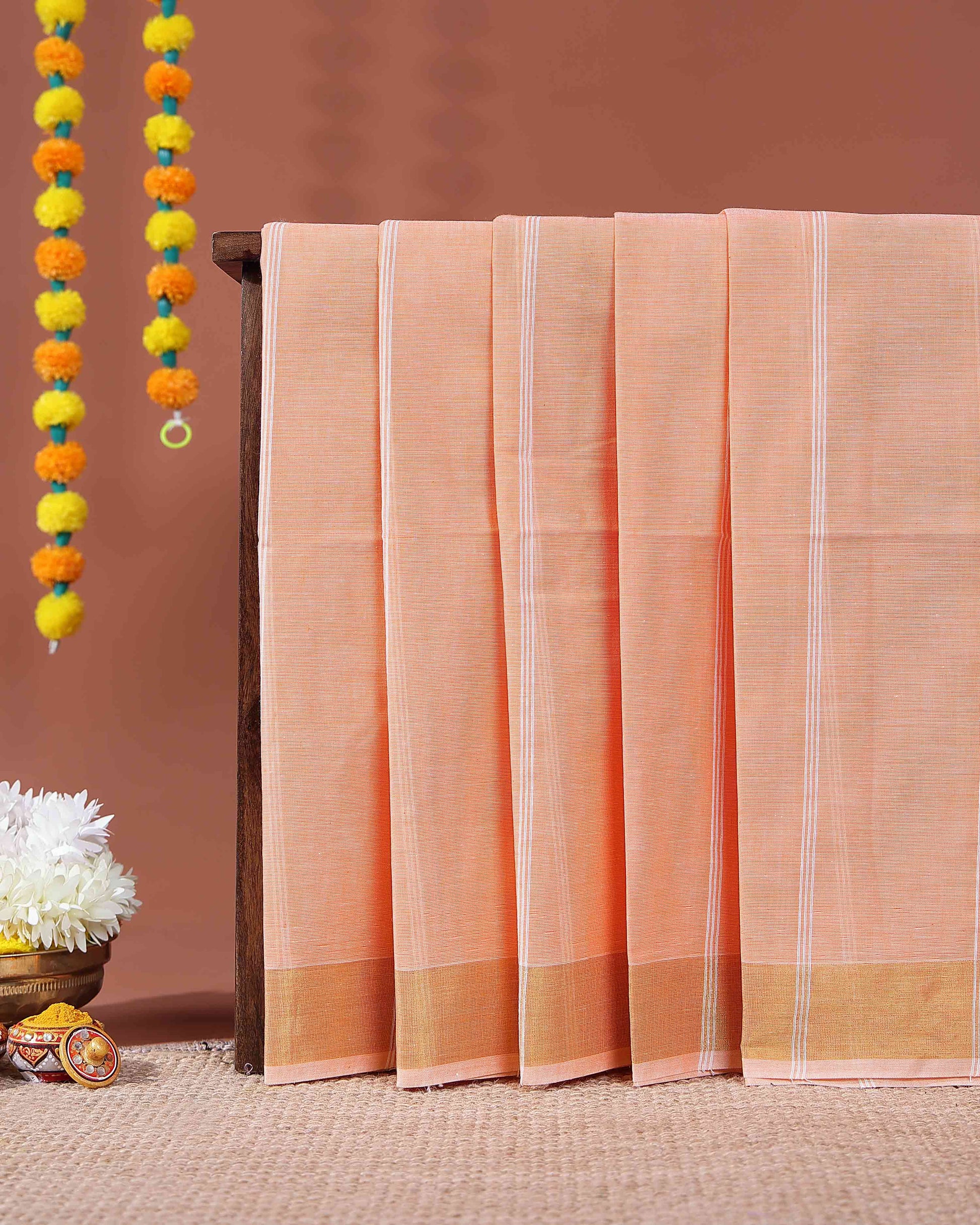 Traditional Kovai Cotton Saree with Subtle Woven Stripes - Peach