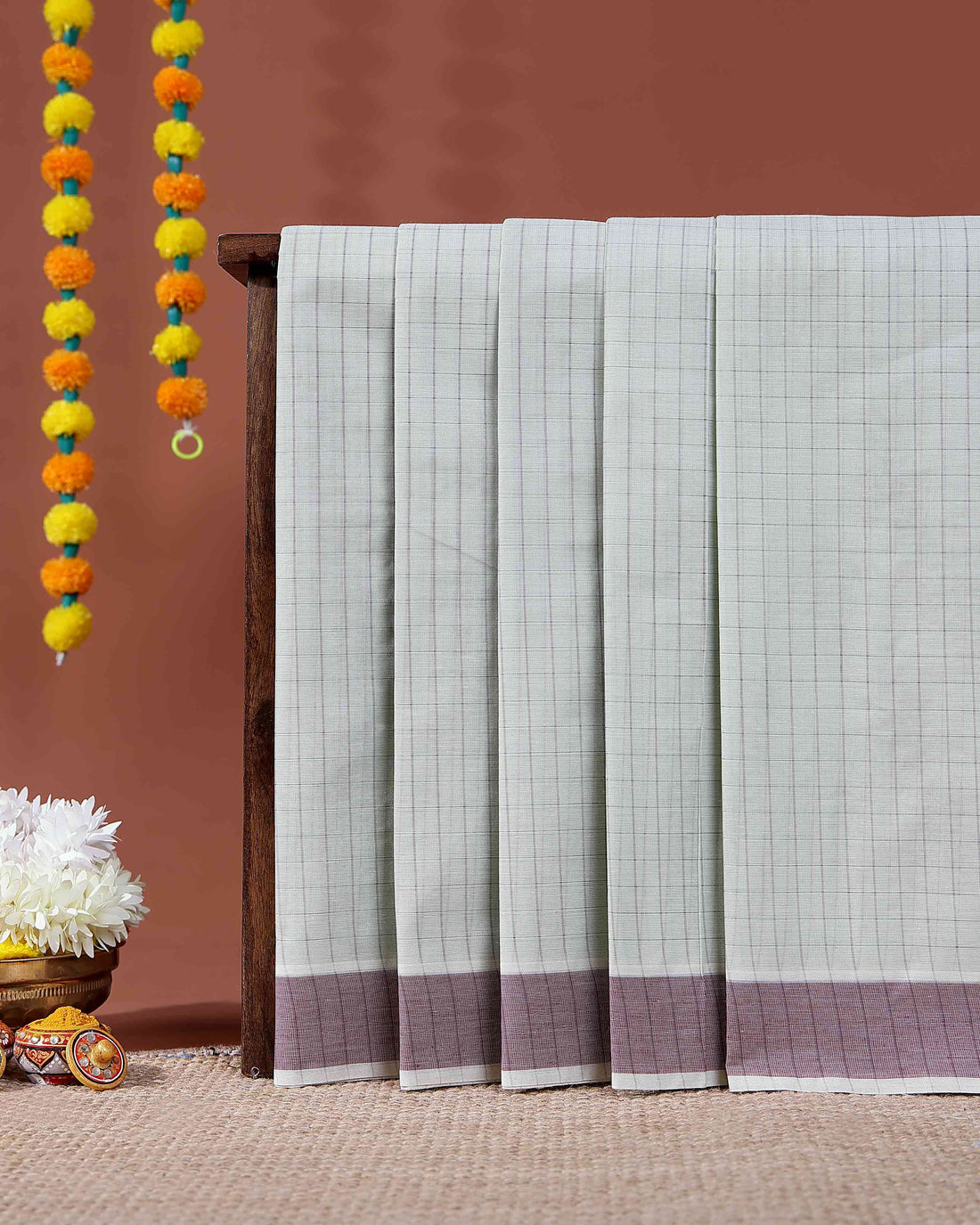 Traditional Kovai Cotton Saree with Woven Checked Pattern and Contrast Border - Light Green