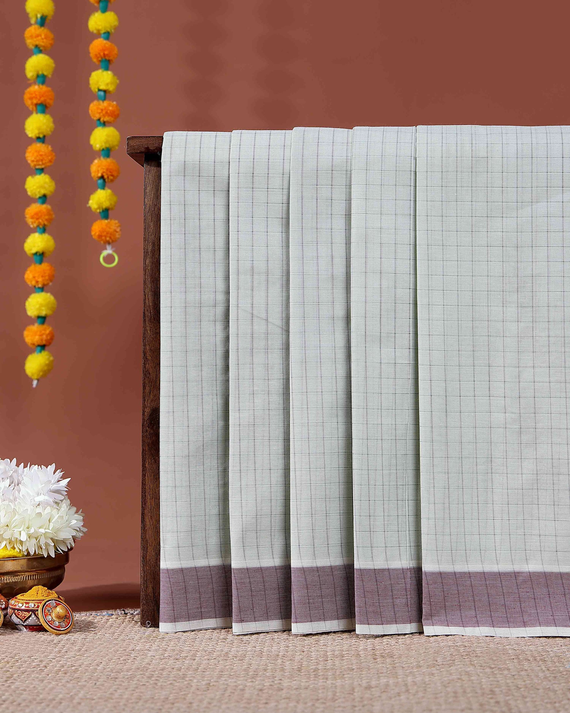 Traditional Kovai Cotton Saree with Woven Checked Pattern and Contrast Border - Light Green