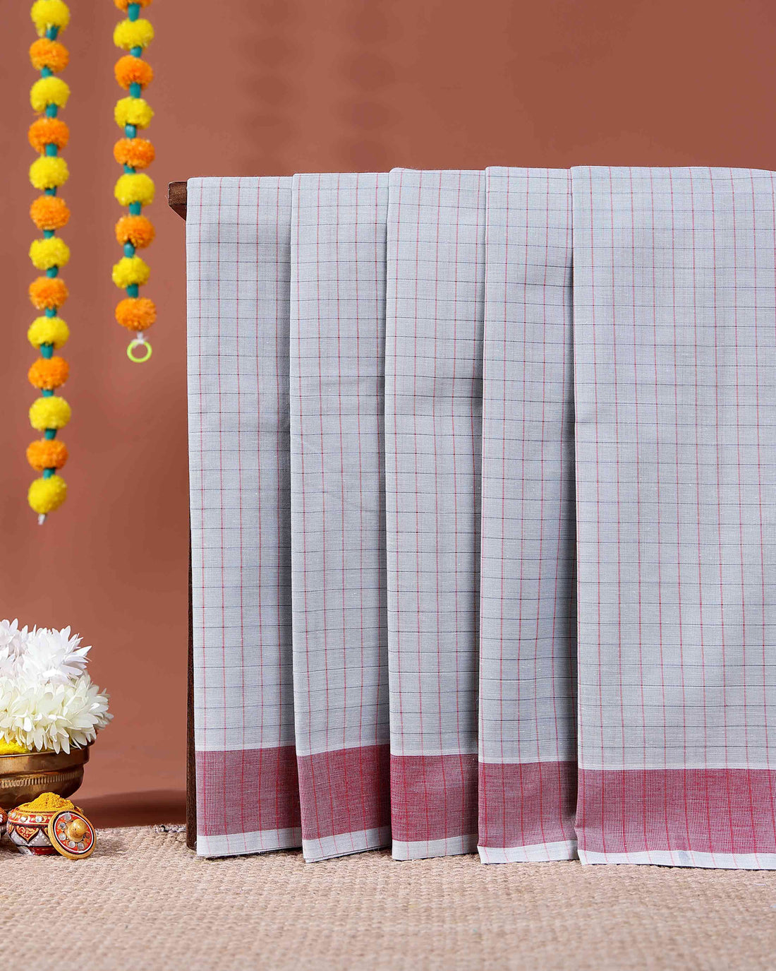 Traditional Kovai Cotton Saree with Woven Checked Pattern and Contrast Border - Light Grey