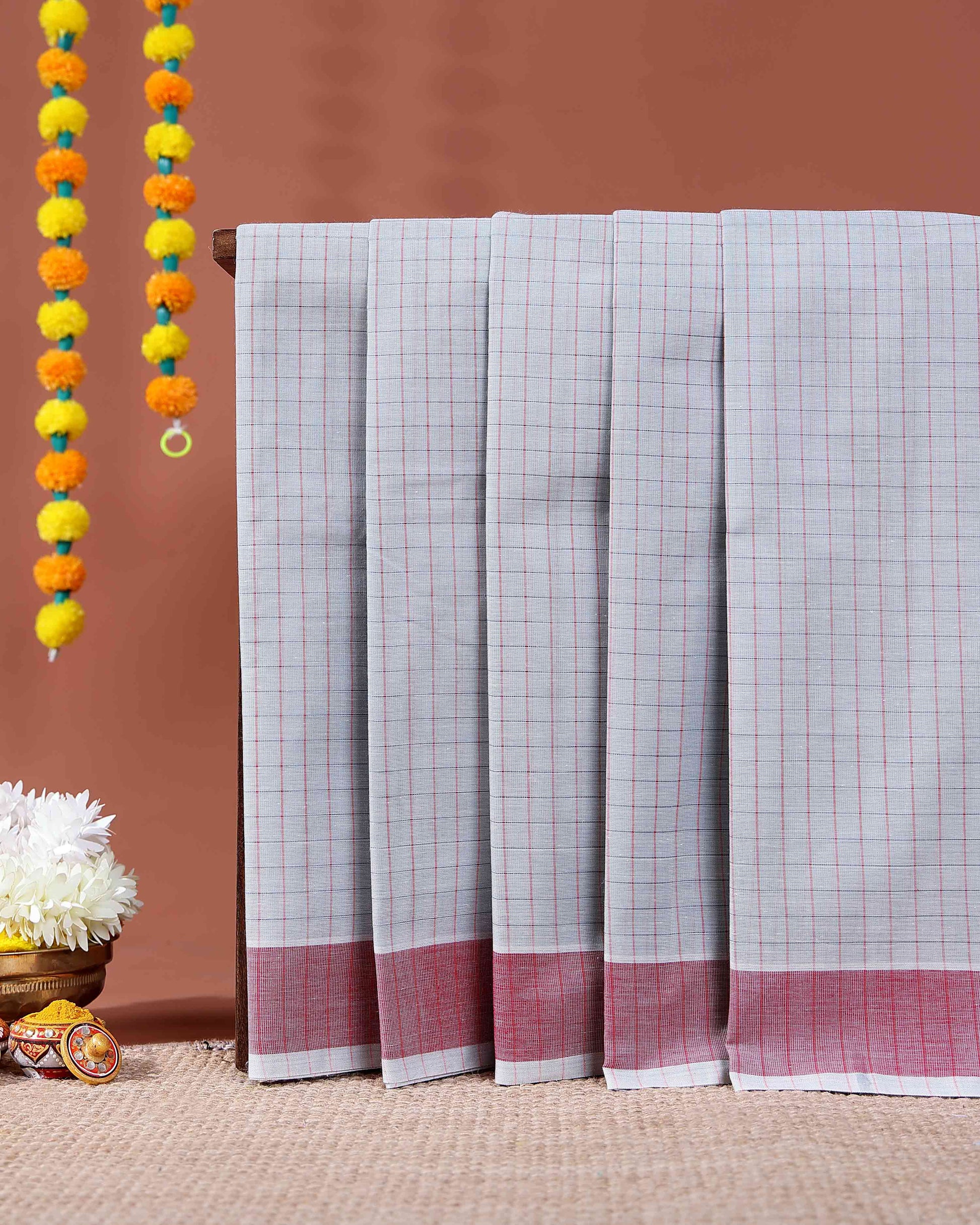 Traditional Kovai Cotton Saree with Woven Checked Pattern and Contrast Border - Light Grey