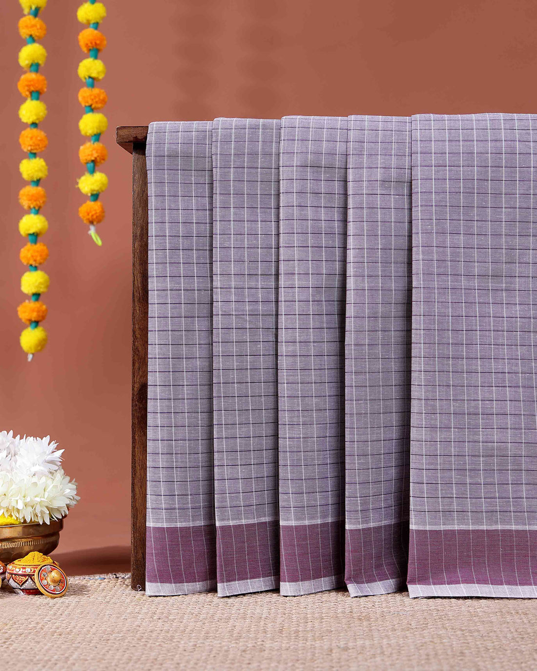 Traditional Kovai Cotton Saree with Woven Checked Pattern and Contrast Border - Purple