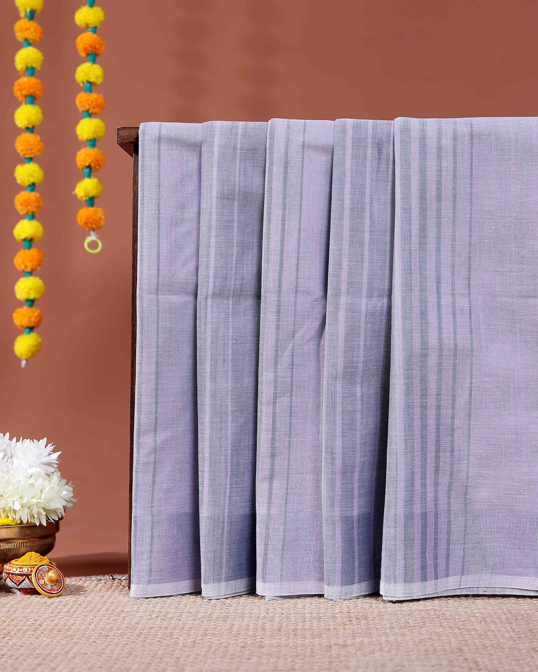 Traditional Kovai Cotton Saree with Woven Checks and Stripes - Lavender