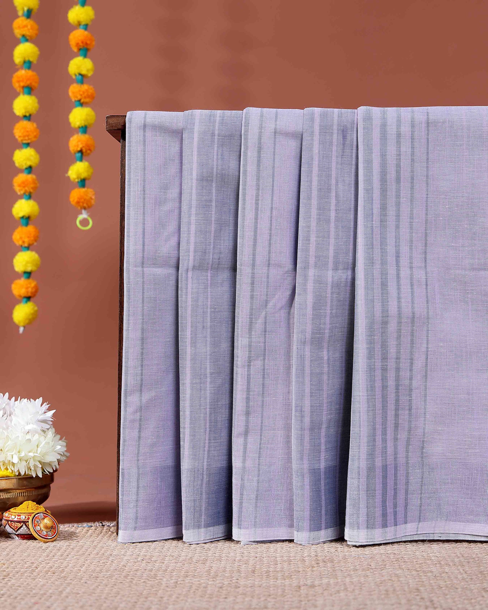 Traditional Kovai Cotton Saree with Woven Checks and Stripes - Lavender