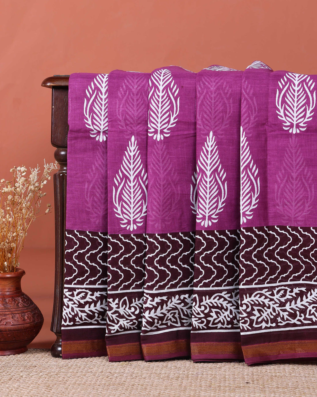 Traditional Mul Mul Cotton Saree with Hand Block Printed Leaf and Floral Motifs - Purple