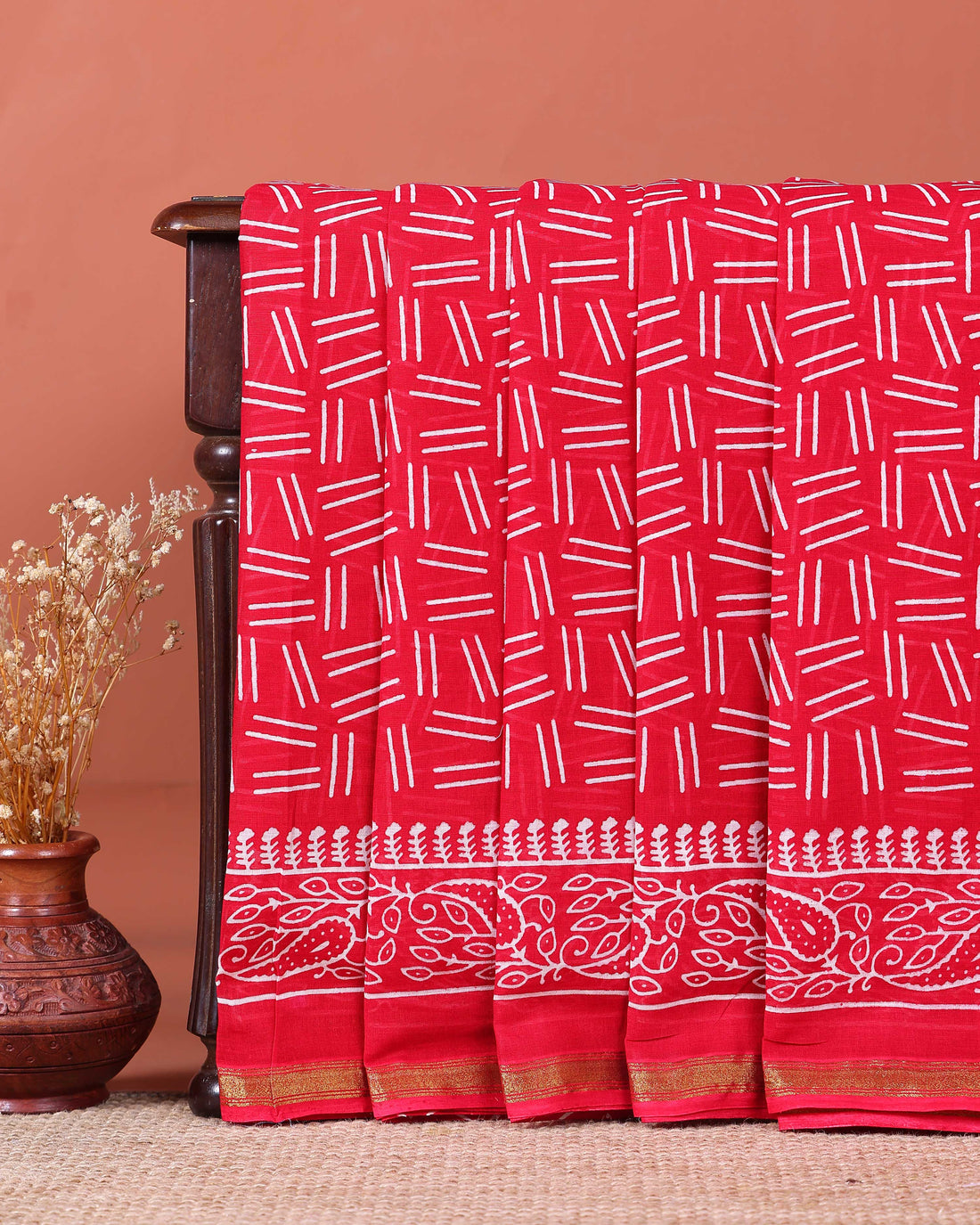 Traditional Mul Mul Cotton Saree with Hand Block Printed Motifs and Paisley Border - Red