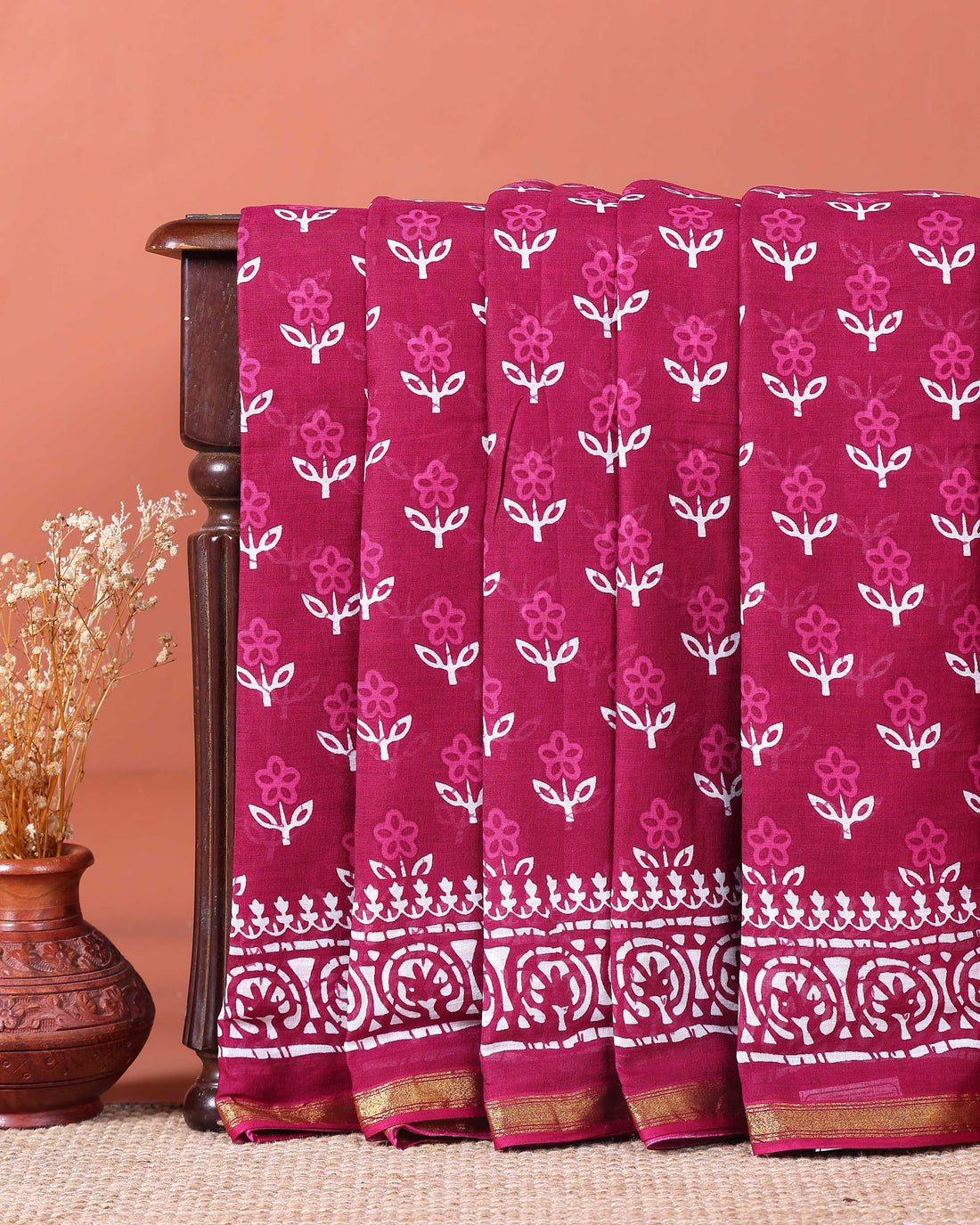 Traditional Mul Mul Cotton Saree with Intricate Border and Hand Block Print - Dark Pink