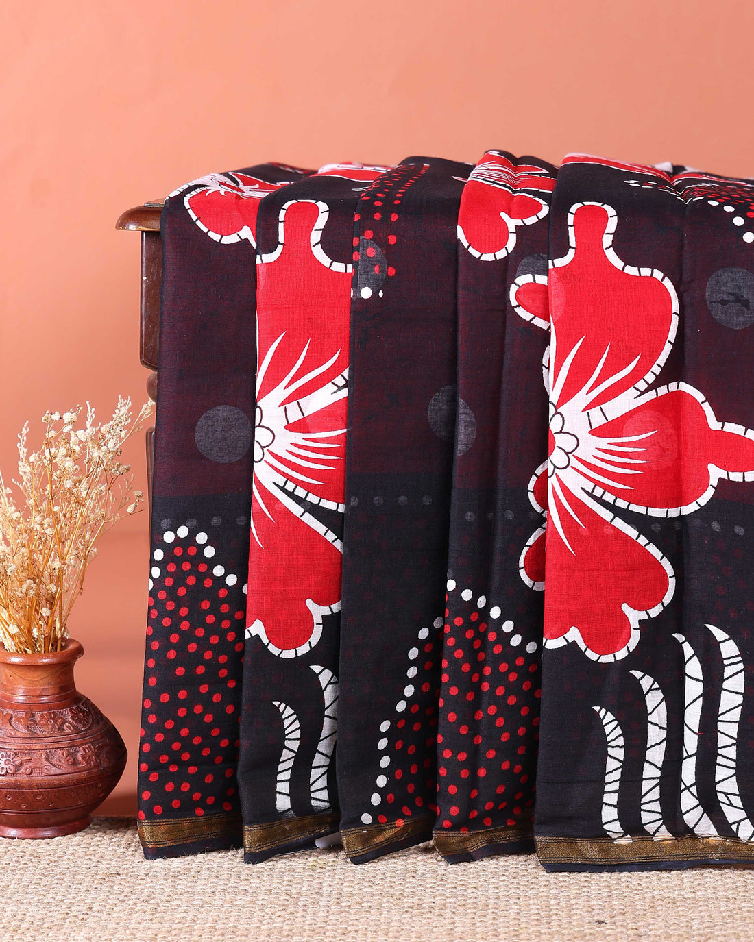 Traditional Mul Mul Cotton Saree with Stylized Floral and Dotted Print - Black & Red