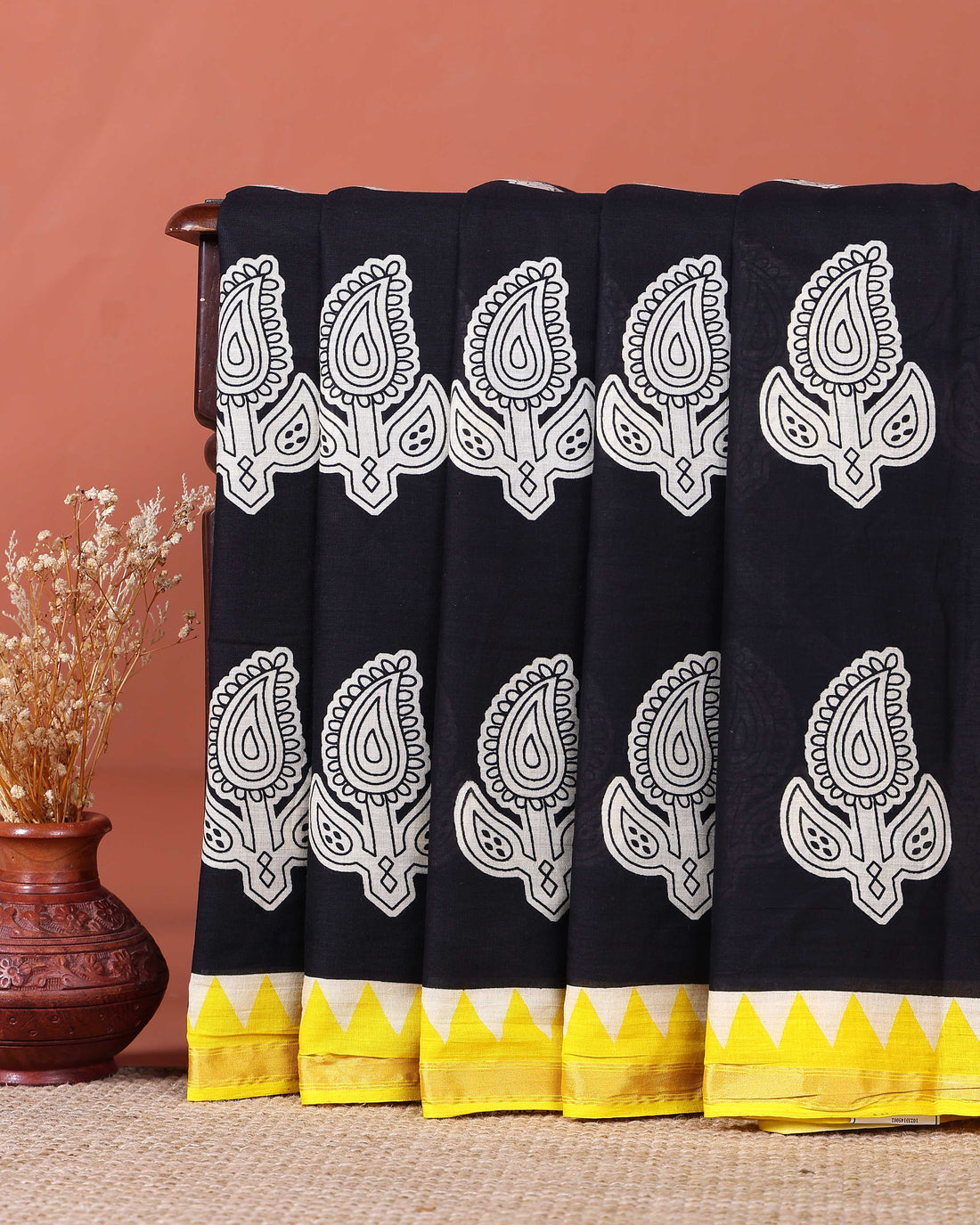 Traditional Mulmul Cotton Saree with Block Print Paisley Motifs and Contrasting Border - Black