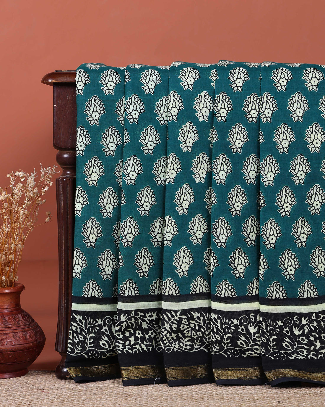 Traditional Mulmul Cotton Saree with Intricate Block Print Border - Green