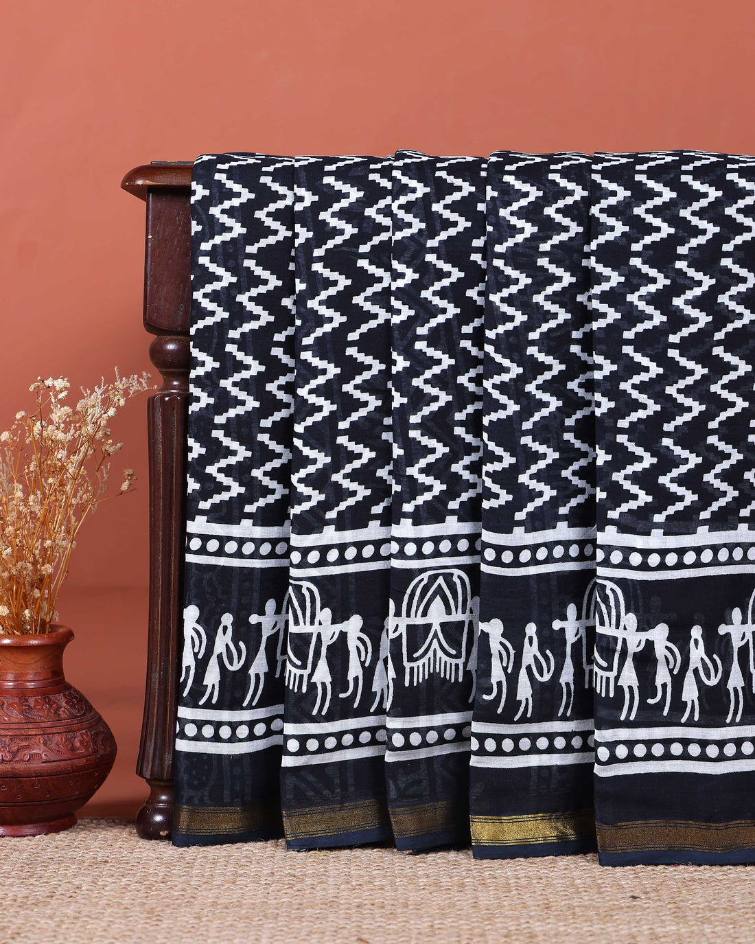 Traditional Mulmul Cotton Saree with Traditional Tribal Art Border and Chevron Print Body - Black