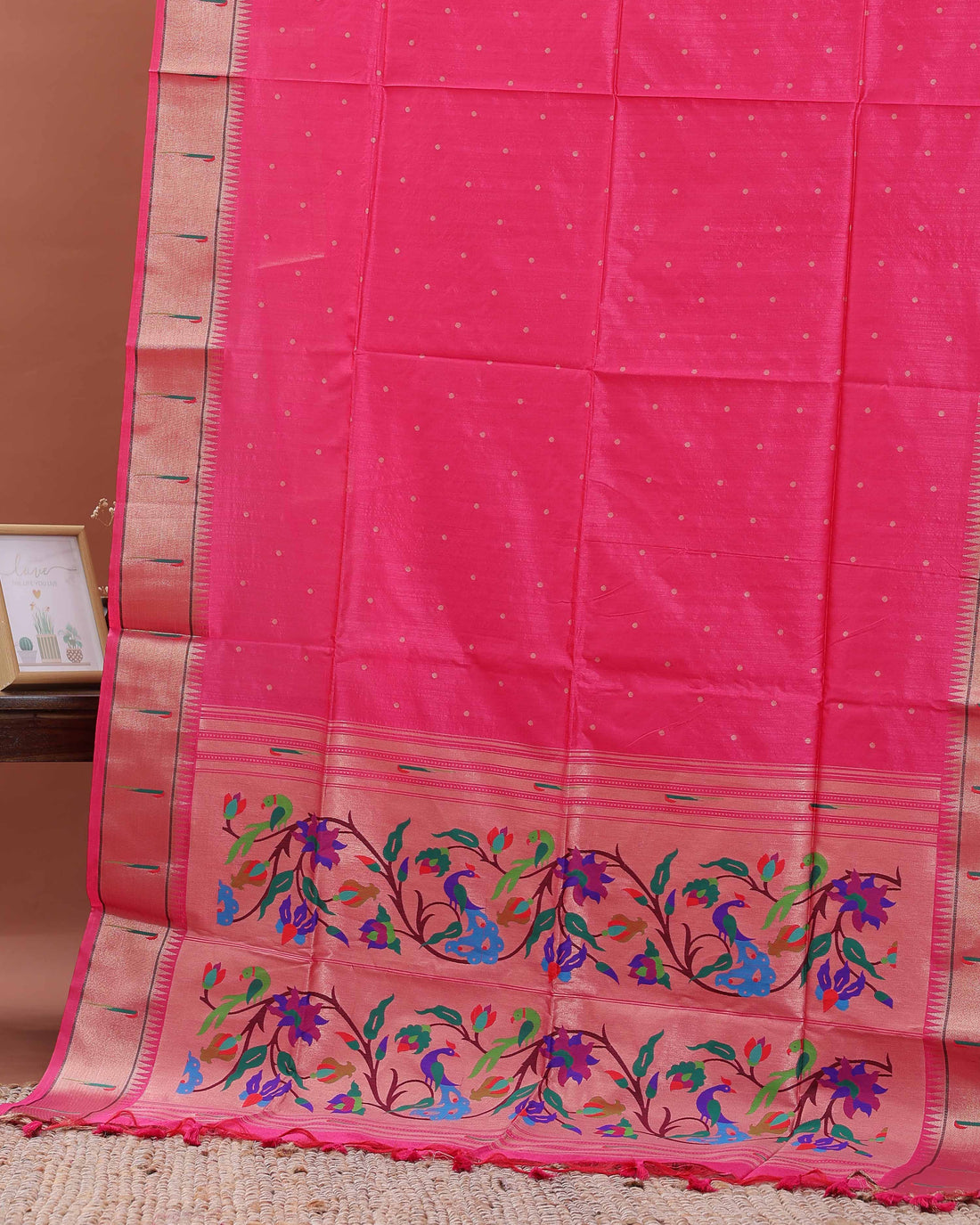 Traditional Paithani Saree with Traditional Peacock and Floral Motifs -Pink