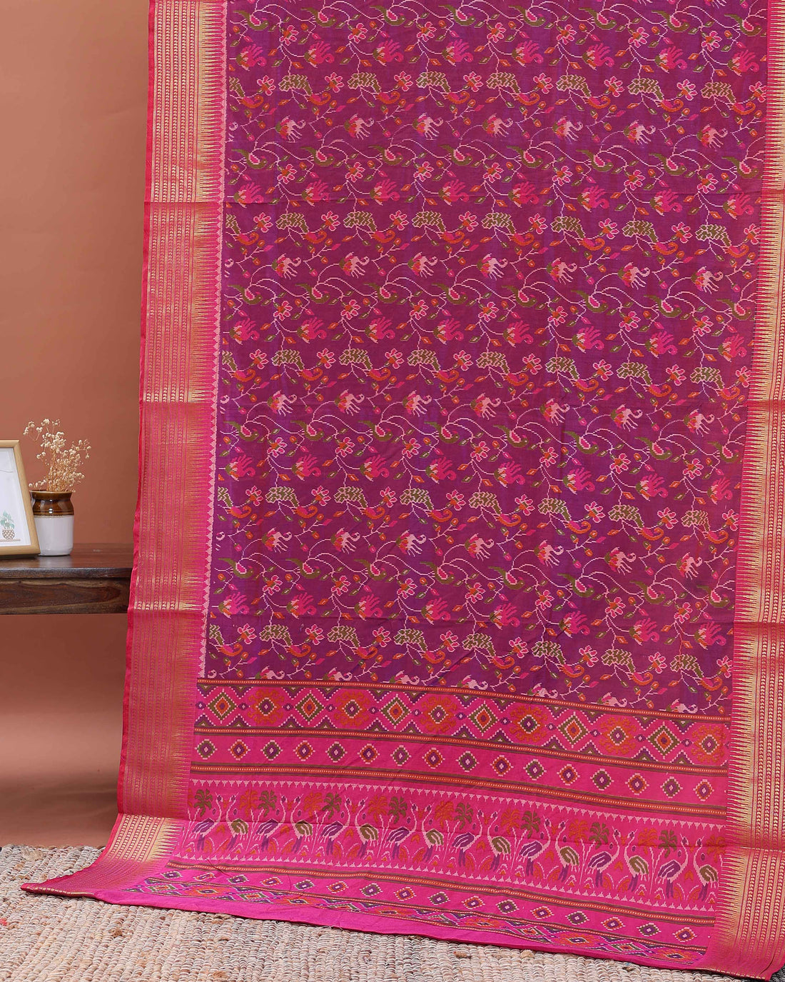 Traditional Patola Semi-Silk Saree with Intricate Bird and Floral Motifs - Purple