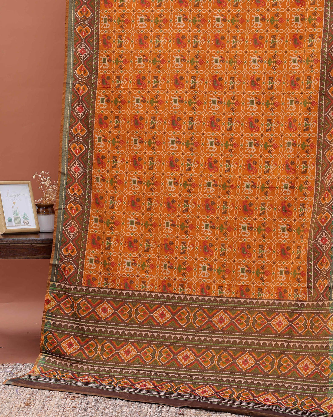 Traditional Patola Semi Silk Saree with Geometric and Floral Motifs - Yellow