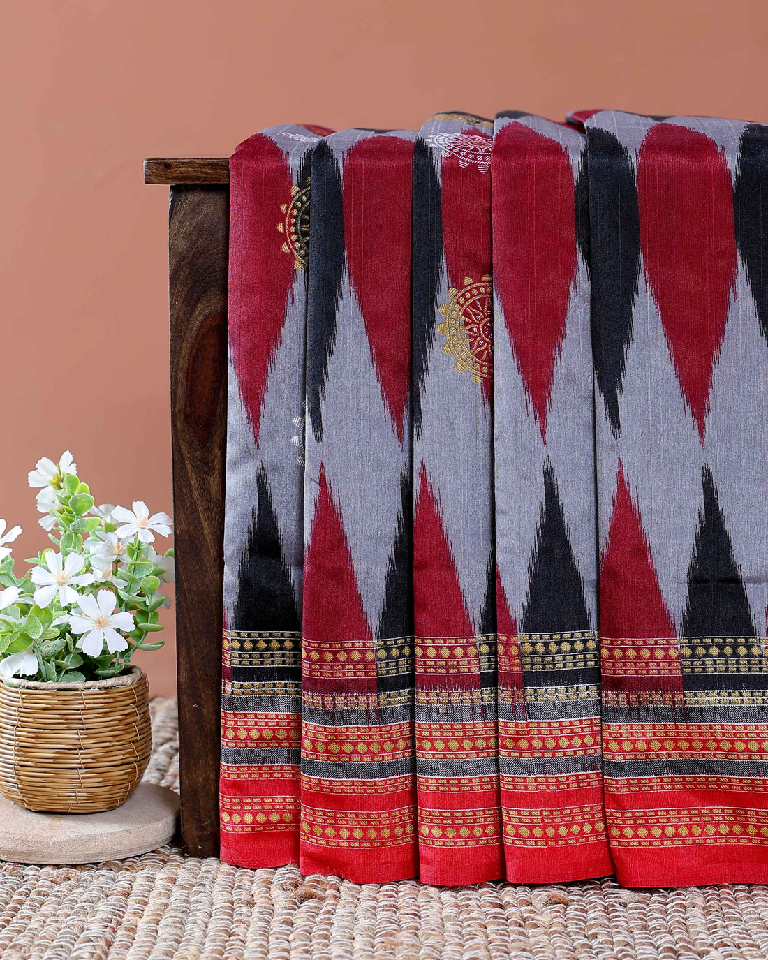 Traditional Pochampally Handloom Cotton Saree with Ikkat Zig-Zag Weave and Temple Border - Multi