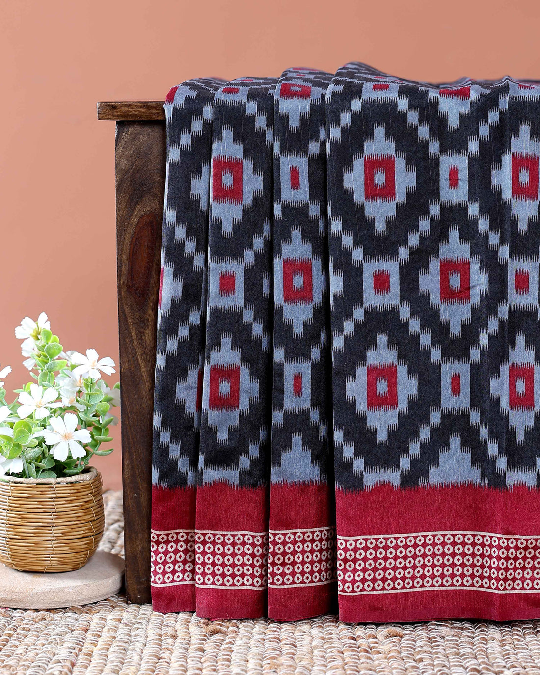 Traditional Pochampally Handwoven Ikat Saree with Geometric Motifs - Multi