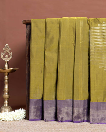 Traditional Soft Silk Saree Adorned with Intricate Motif Patterns and Rich Contrast Border - Olive Green