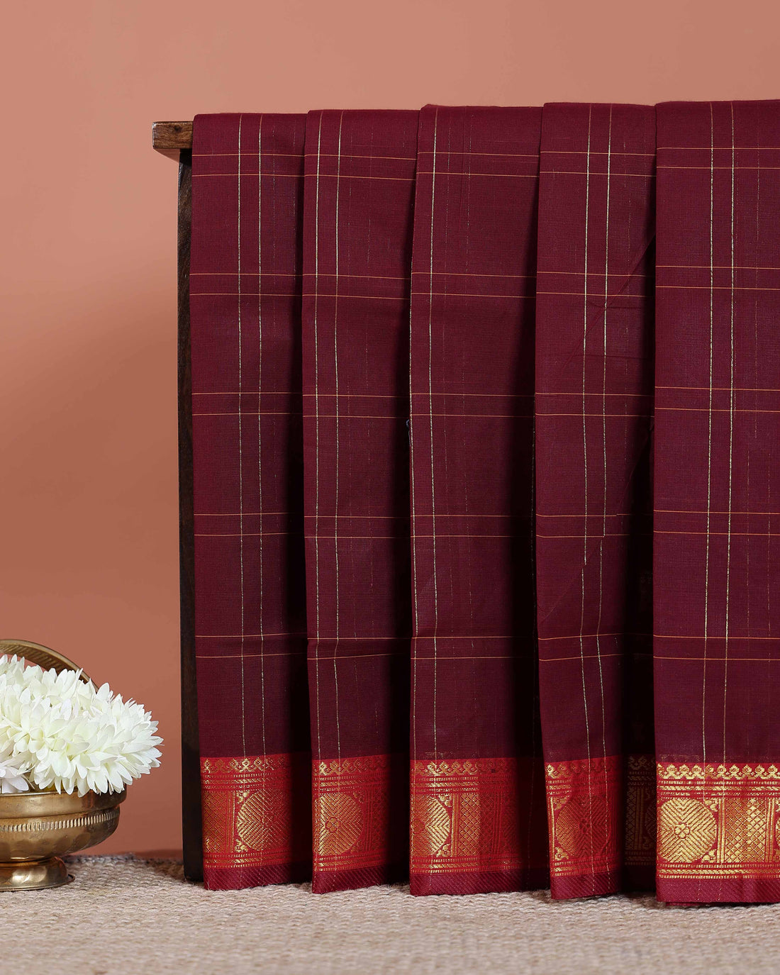 Traditional Venkatagiri Handloom Cotton Saree with Subtle Line Checks and Traditional Zari Woven Border - Maroon