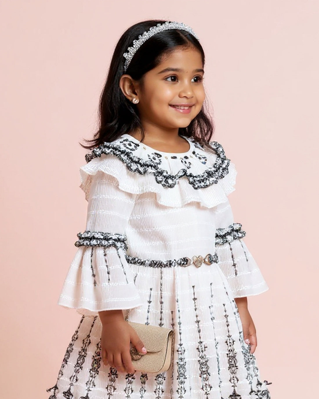 Girls' Tiered Ruffle Western Wear Dress with Embroidered Yoke & Bell Sleeves - Cream