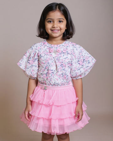 Girls' Floral Print Puff Sleeve Top & Tiered Tulle Skirt Set - Rose Pink
