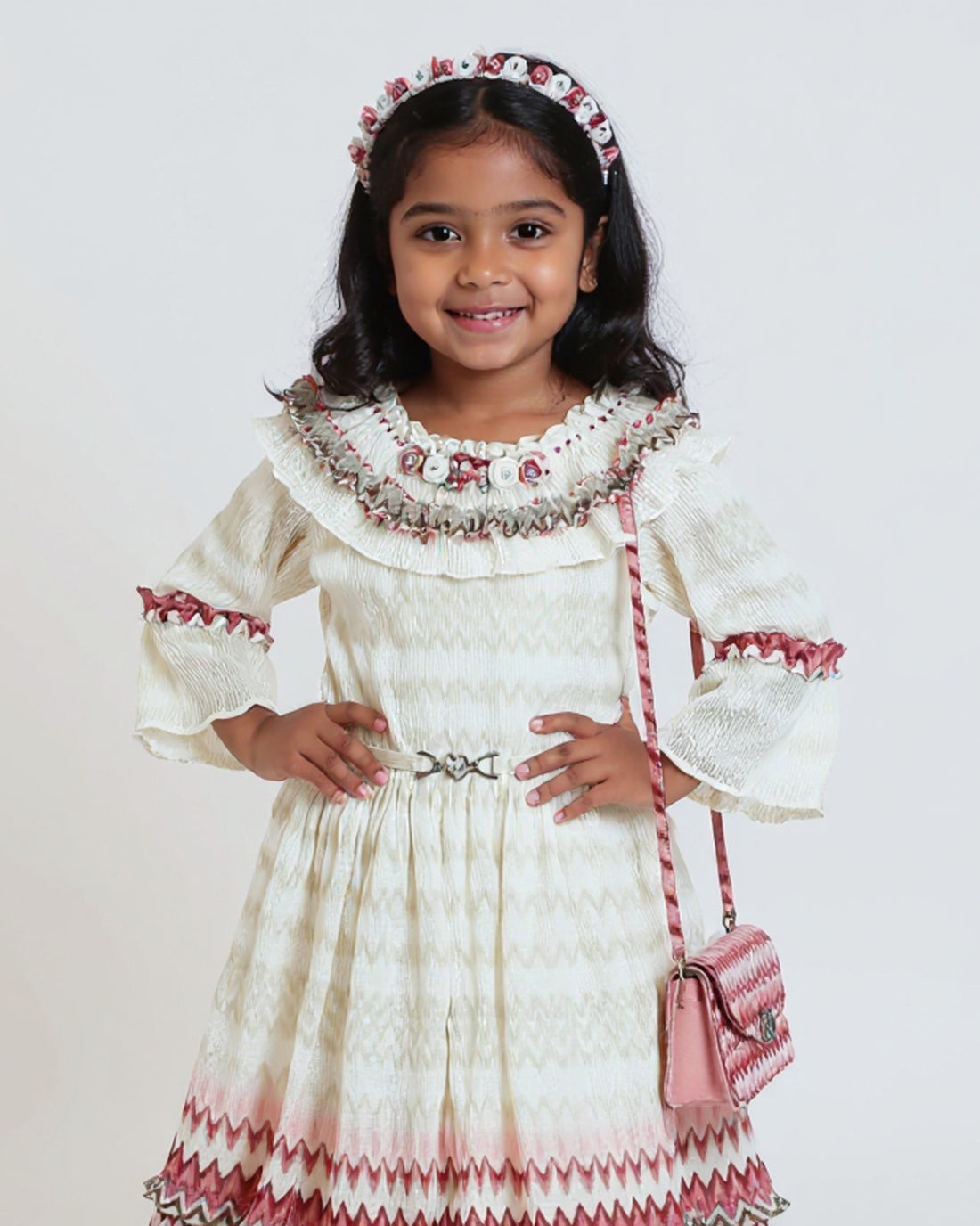 Girls' Tiered Ruffle Western Wear Dress with Embroidered Yoke & Bell Sleeves - Cream