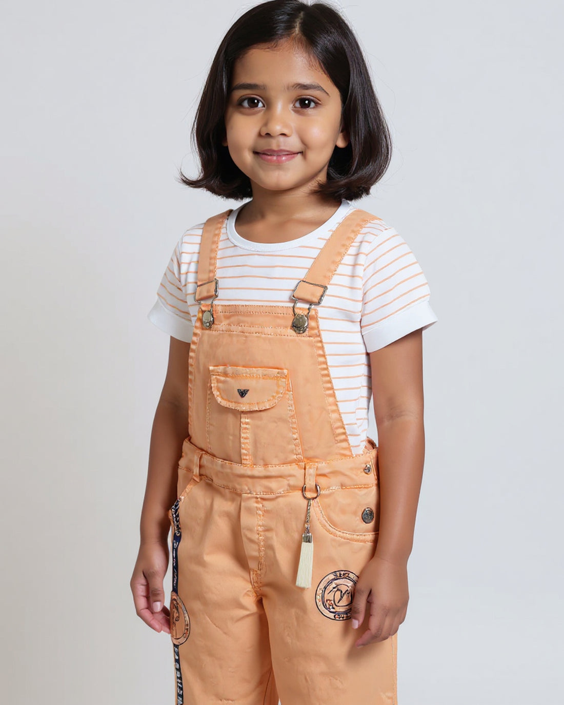 Girl's Adjustable Strap Western Wear Overalls with Pockets - Peach