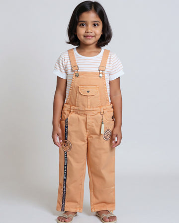 Girl's Adjustable Strap Western Wear Overalls with Pockets - Peach
