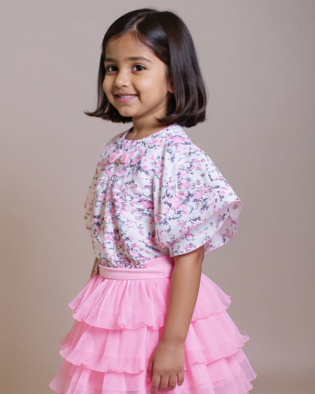Girls' Floral Print Puff Sleeve Top & Tiered Tulle Skirt Set - Rose Pink