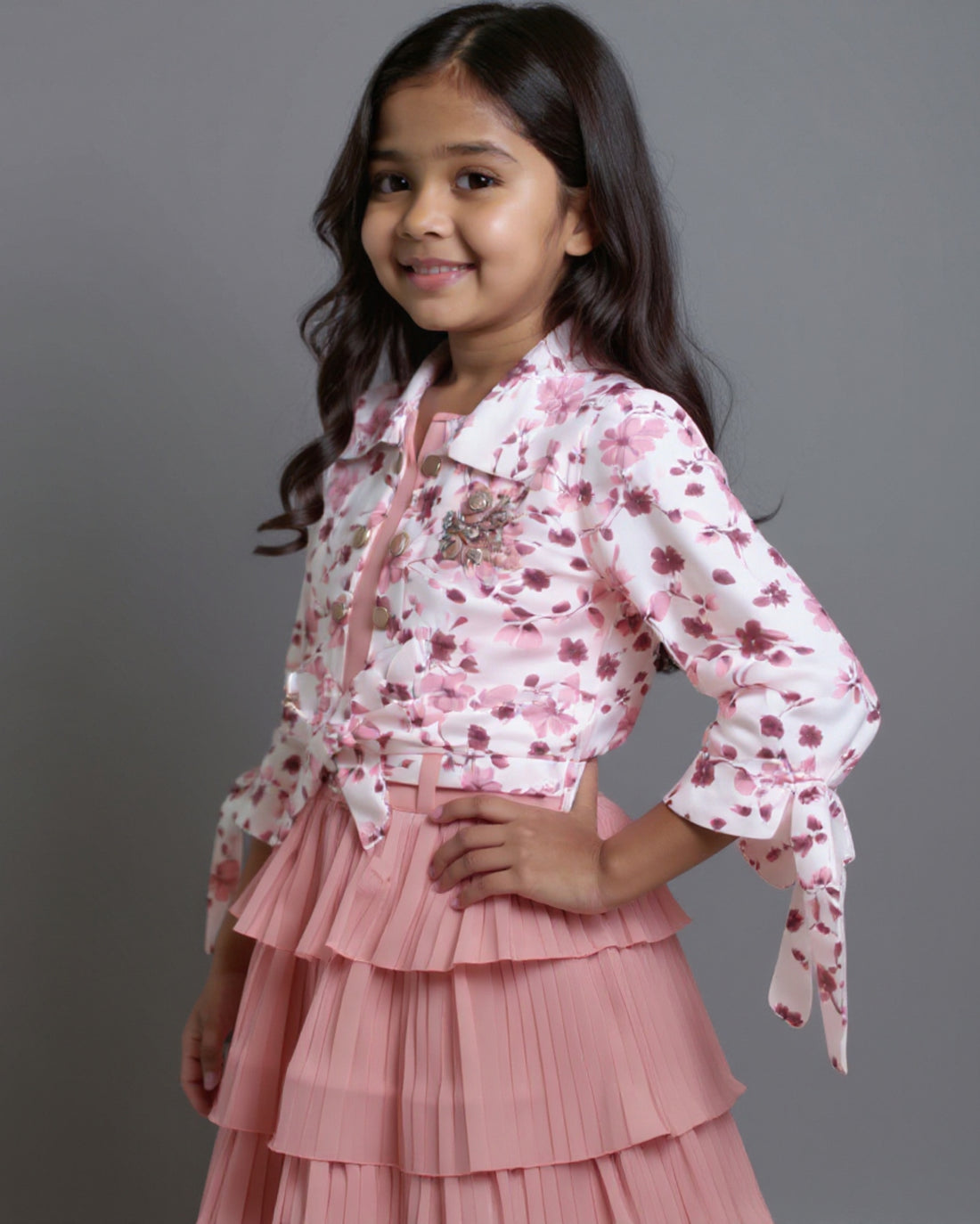 Girls' Floral Print Collared Top with Tiered Skirt & Leggings Set  - Peach