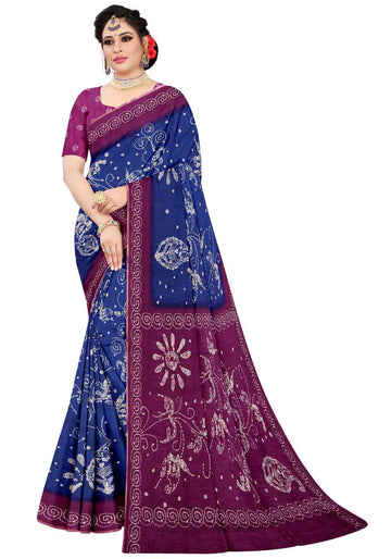 Elegant Linen Cotton Saree with Floral Prints - Blue