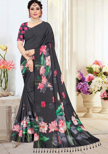 Linen Cotton Saree with Elegant Floral Print - Black