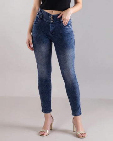 Women's High-Waisted Multi-Button Skinny Jeans - Navy Blue