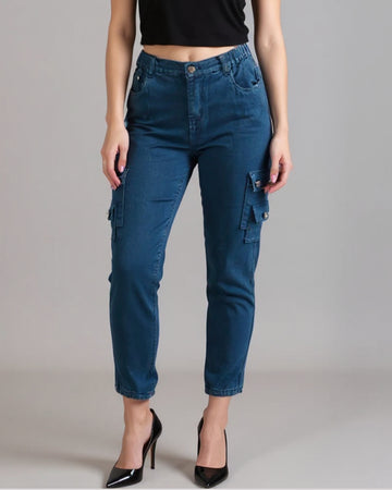 Mid-Rise Self-Cuffed Cargo Jeans for Women - Blue