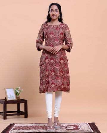 Women's A-Line Kurta with All-Over Ethnic Floral Print - Maroon