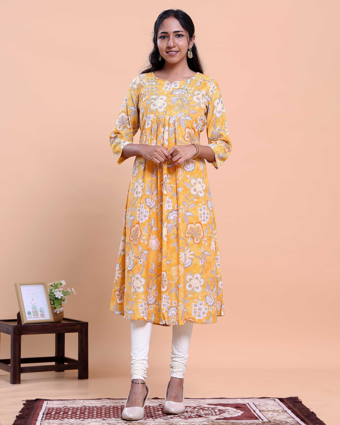 Women's Calf-Length Kurta with All-Over Floral Print and Round Neckline - Orange