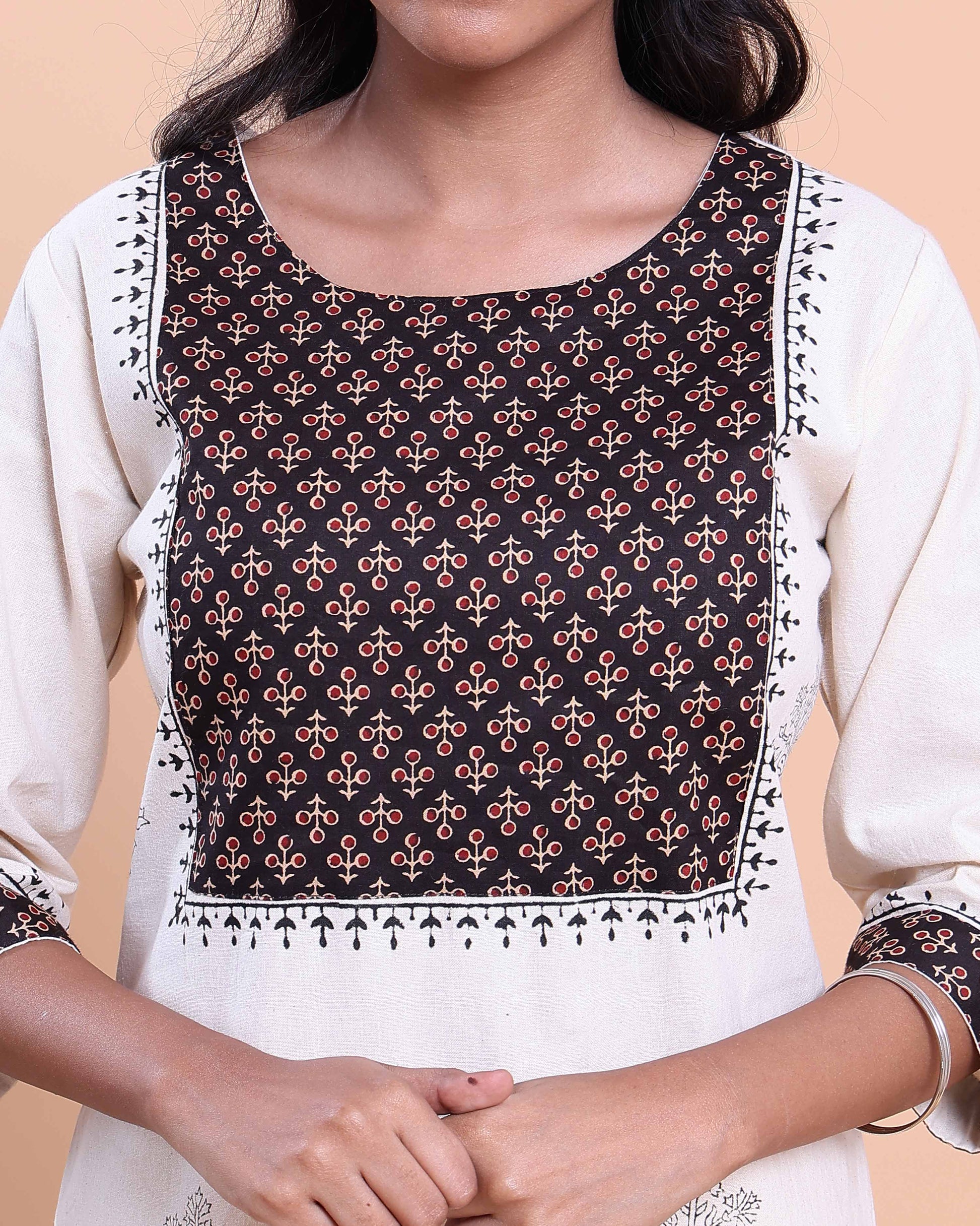 Women's Designer Geometric Yoke Design Straight Kurta with Thread Work - Cream