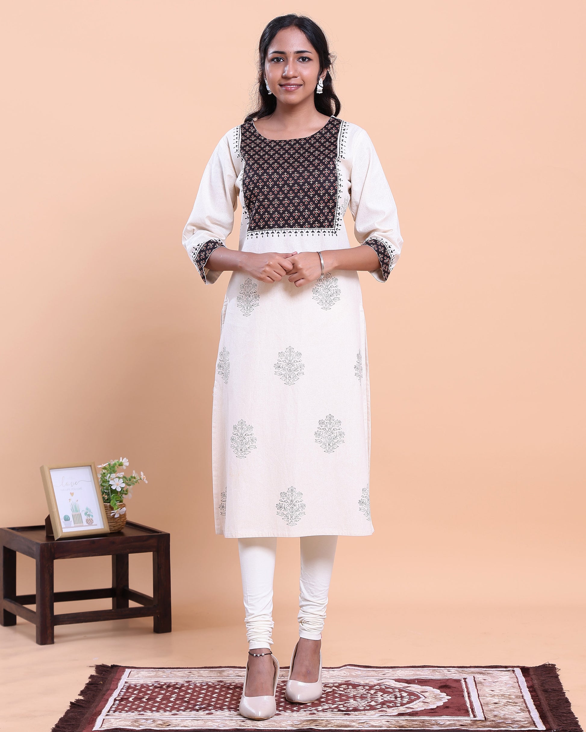 Women's Designer Geometric Yoke Design Straight Kurta with Thread Work - Cream