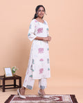 Women's Designer Printed Kurti and Palazzo Set with Elephant and Parasol Motifs - Off White