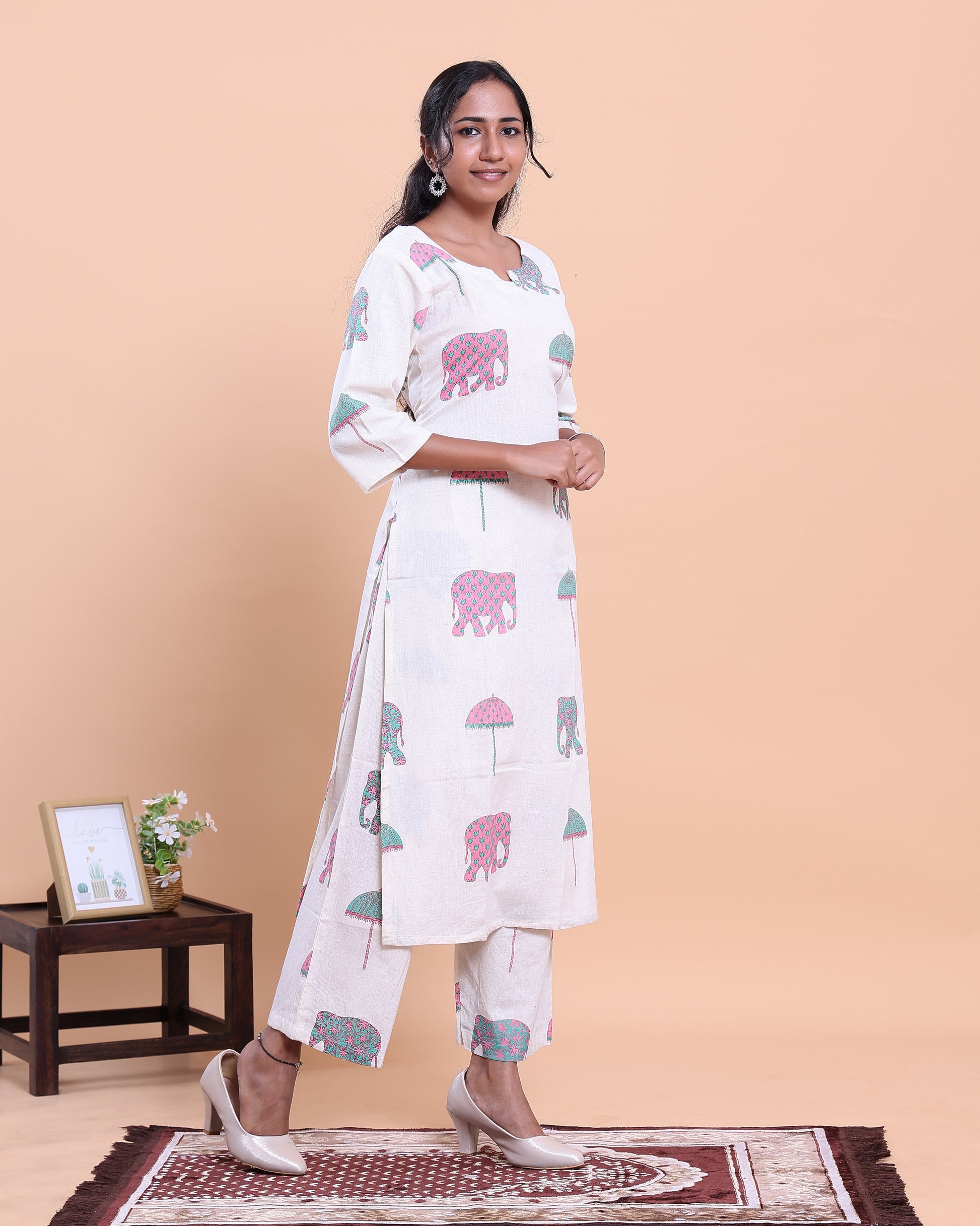Women's Designer Printed Kurti and Palazzo Set with Elephant and Parasol Motifs - Off White