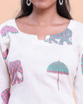 Women's Designer Printed Kurti and Palazzo Set with Elephant and Parasol Motifs - Off White