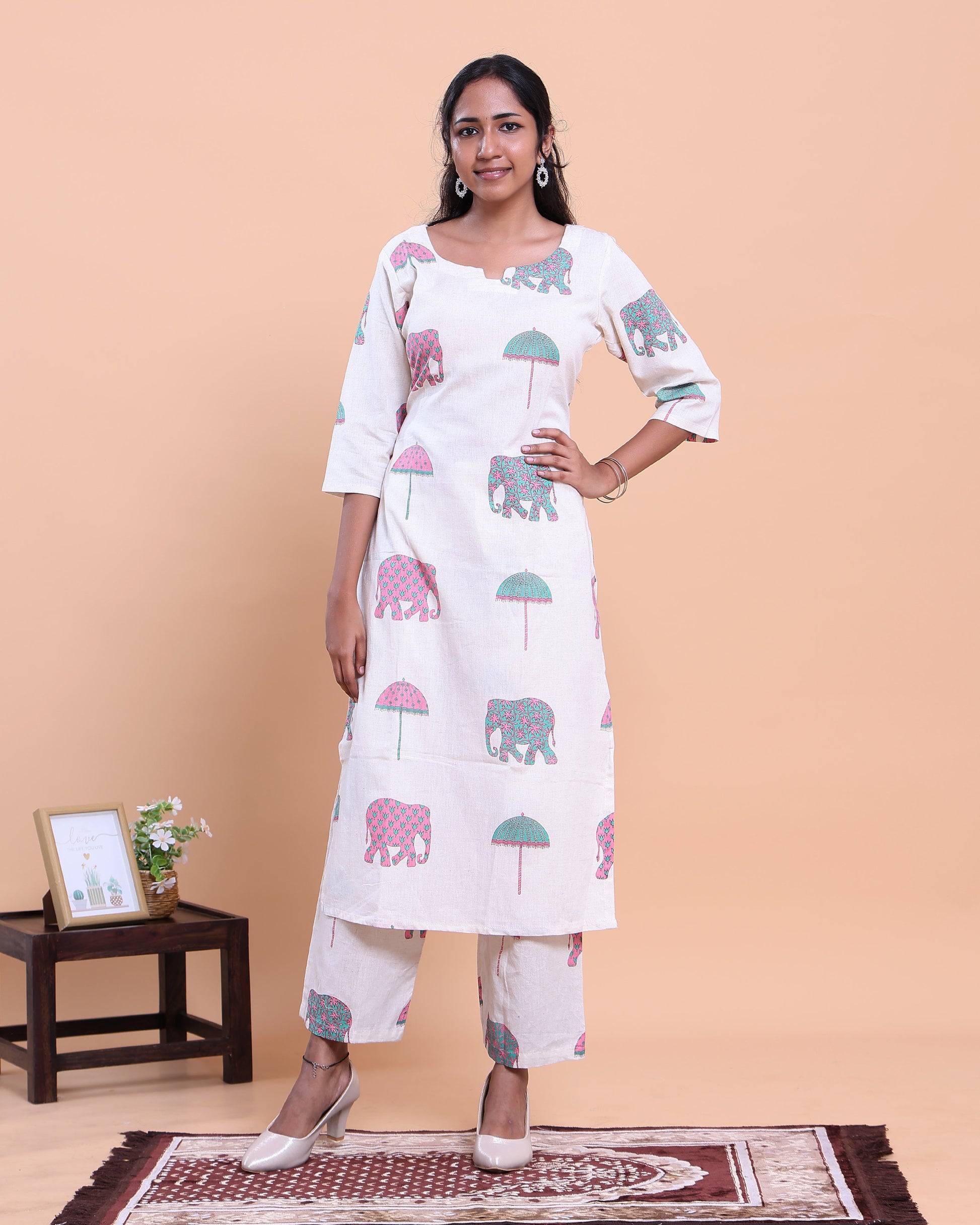 Women's Designer Printed Kurti and Palazzo Set with Elephant and Parasol Motifs - Off White