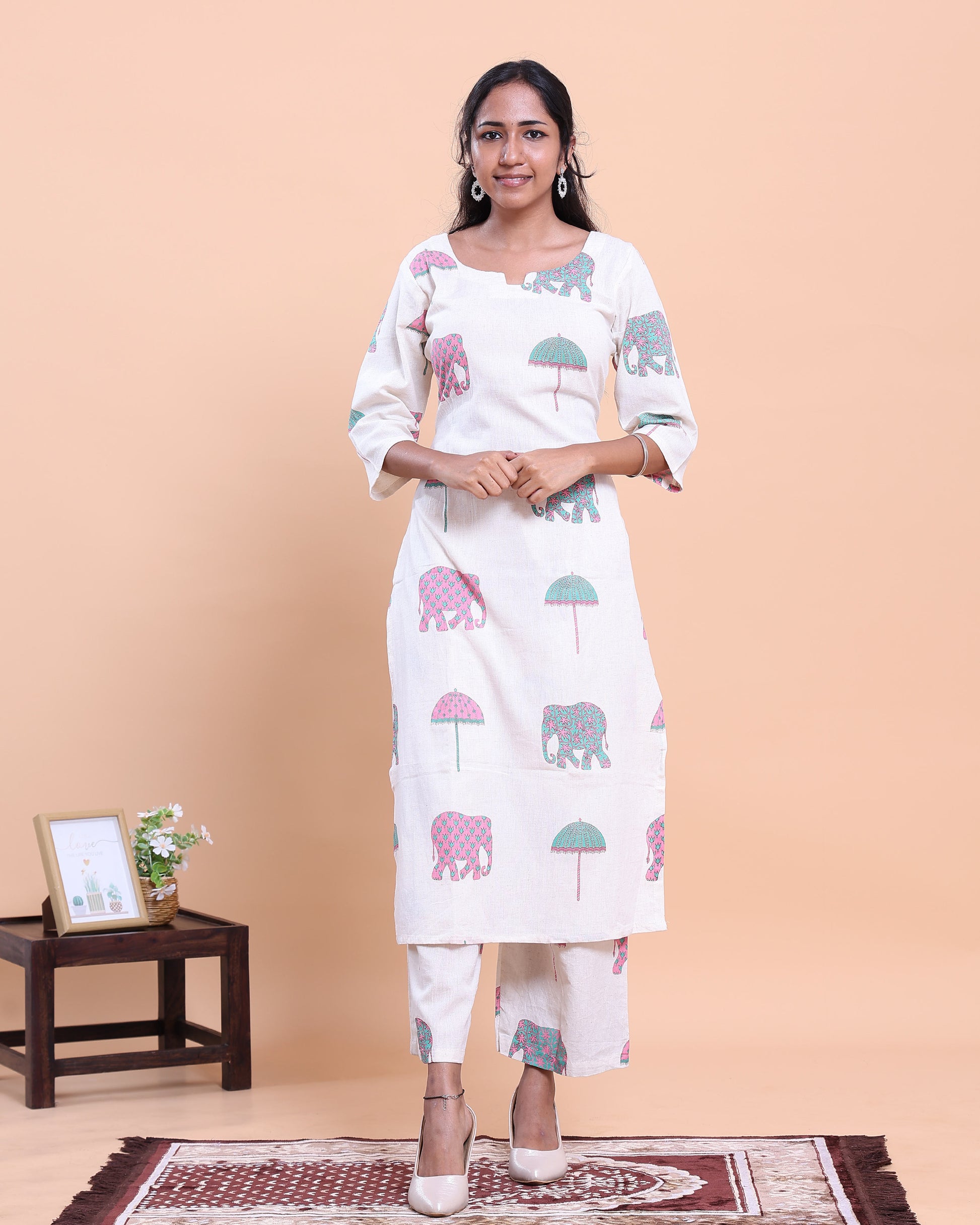 Women's Designer Printed Kurti and Palazzo Set with Elephant and Parasol Motifs - Off White