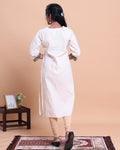 Women's Designer Round Neck Kurta with Geometric Yoke and Floral Motifs - Cream