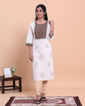 Women's Designer Round Neck Kurta with Geometric Yoke and Floral Motifs - Cream