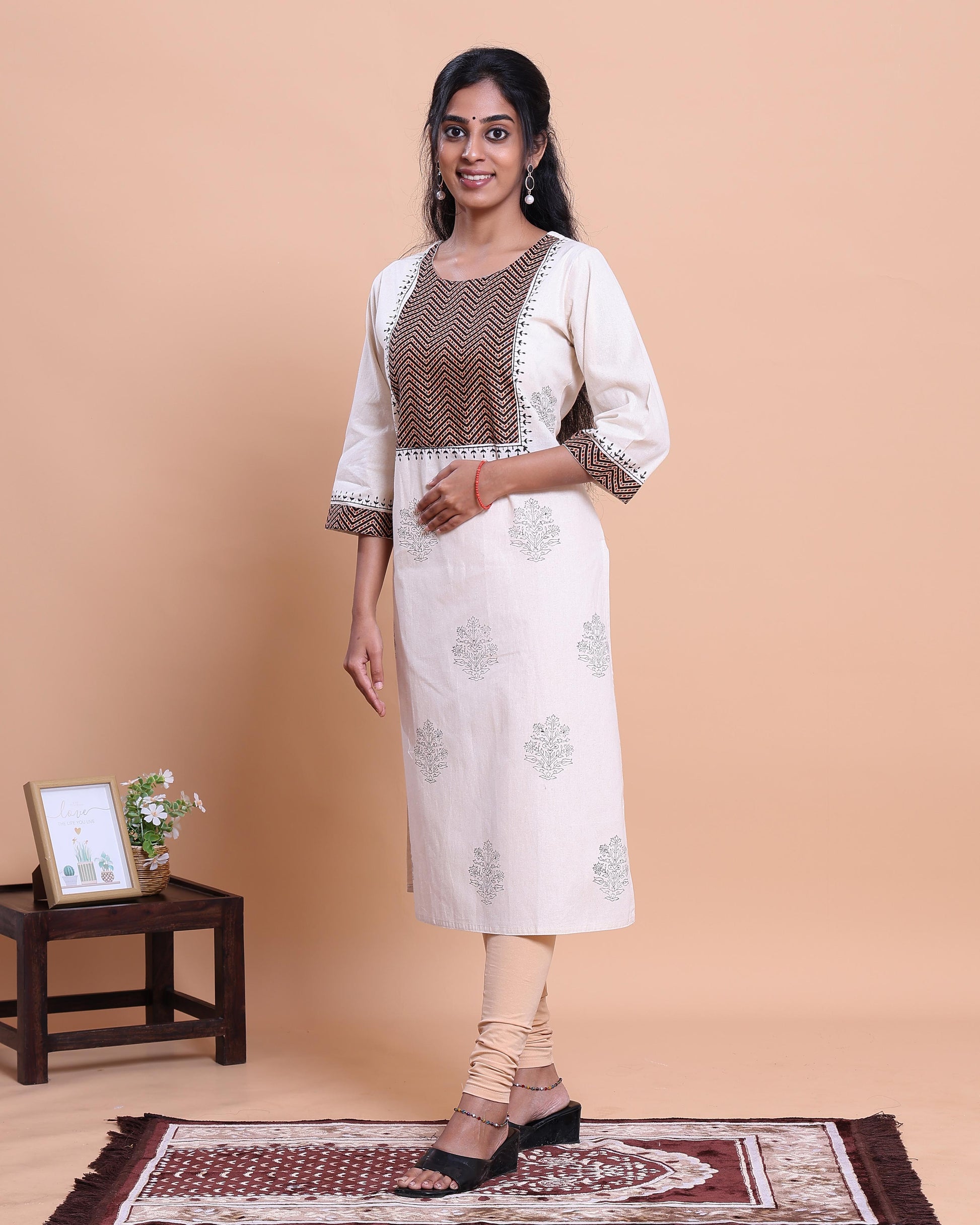 Women's Designer Round Neck Kurta with Geometric Yoke and Floral Motifs - Cream