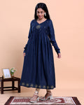 Women's Embroidered Empire Waist Long Kurta with Gathered Flared Hem and Full Sleeves - Navy Blue