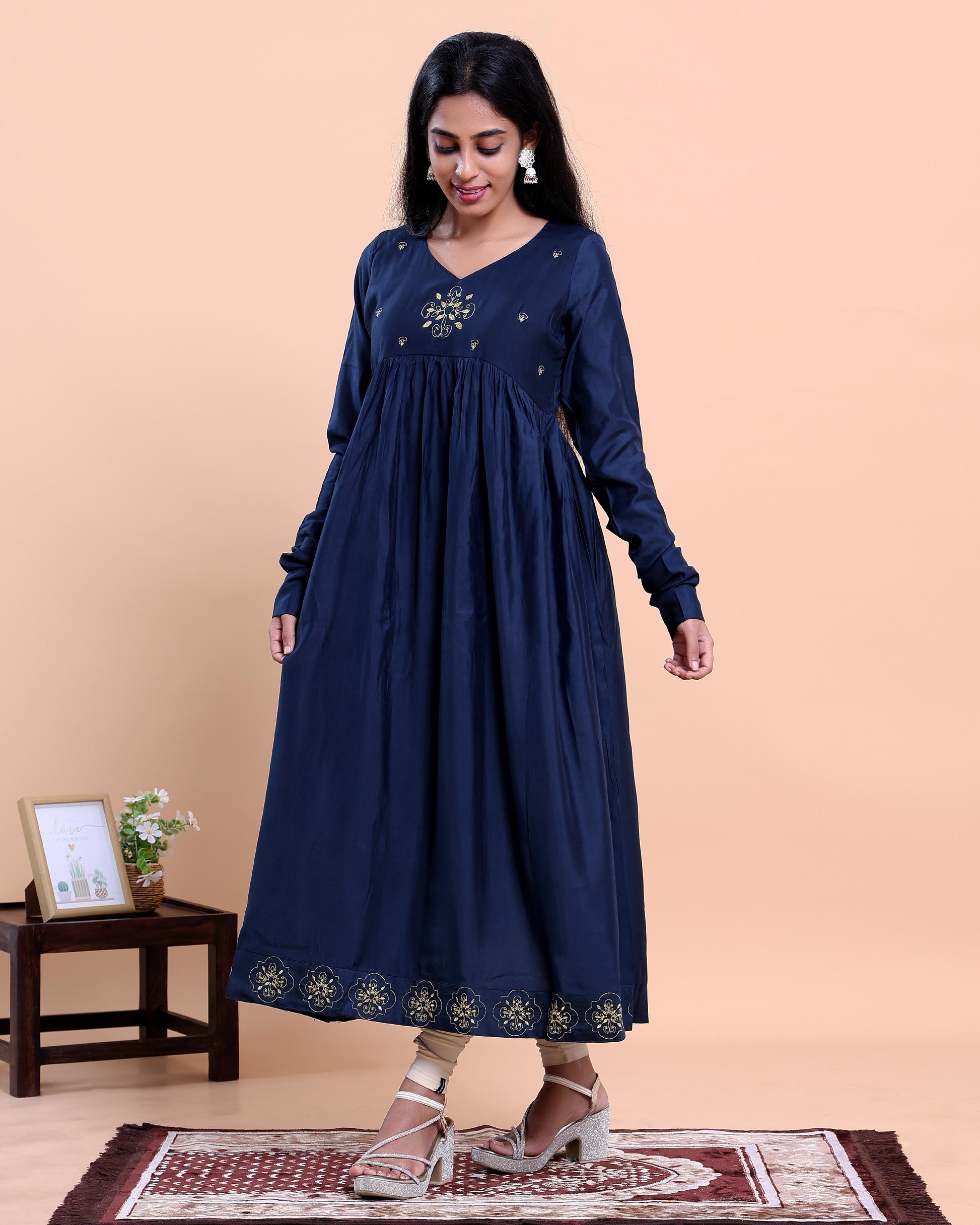 Women's Embroidered Empire Waist Long Kurta with Gathered Flared Hem and Full Sleeves - Navy Blue